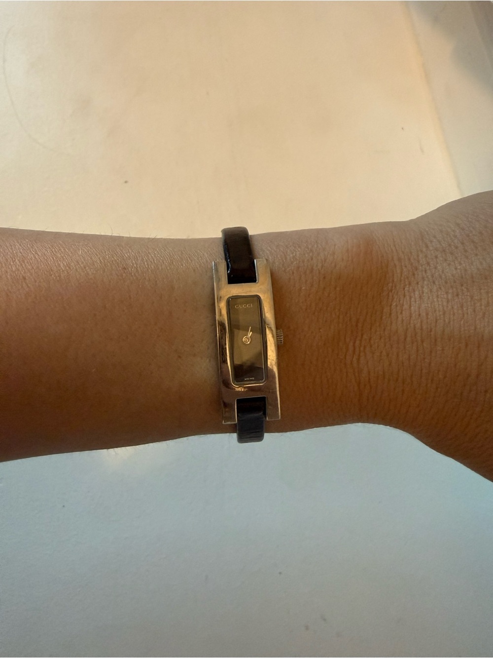 Gucci Vintage Black Leather Strap Smartwatch Bracelet with Gold Accent